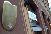 Plaque on the rebuilt Damenhof where Luther advocated the centrality of justification by faith.