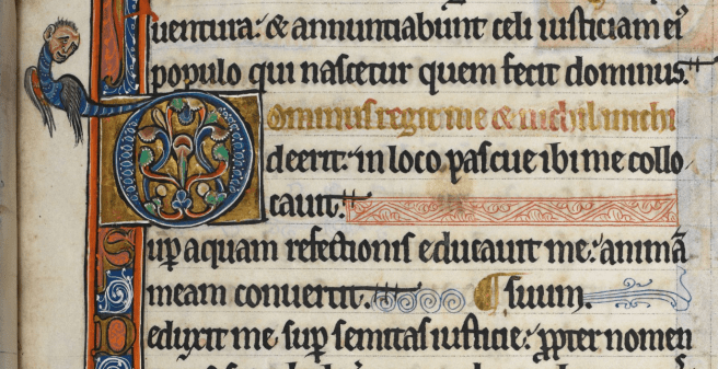 Initial decorated capital and text of verse 1, PSalm 23 in the Rutland Bible, c 1260. British Library MS 62965