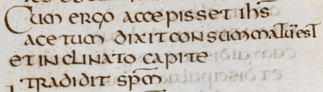 John 19:30 (Jesus dies) in the oldest intact book in Europe, St Cuthbert's Gospel, 8th Centrury. British Library Add MS 89000