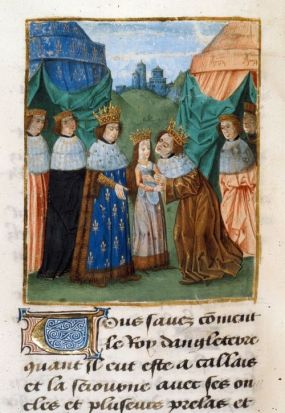Detail of a miniature of Richard II, king of England (1377-1399), receiving his bride, the princess Isabel, from her father, Charles VI, king of France: Jean Froissart, Chroniques, (Bruges), c. 1480-1494, Royal 14 D. vi, f. 268v British Library
