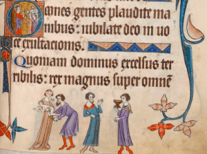 'Clap your hands' in the Luttrell Psalter c. 1330 Lincolnshire.