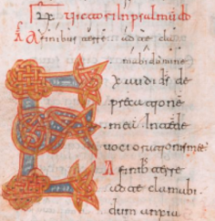 Capital 'E'(xaudi) of Ps. 61 in a Mozarbic psalter, 11C Spain BL MS30851.